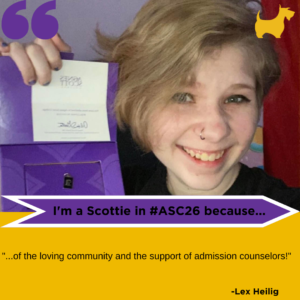 Lex Heiling holding up acceptance box. Text reads: "I'm a Scottie in #ASC26 because of the loving community and the support of admission counselors!"