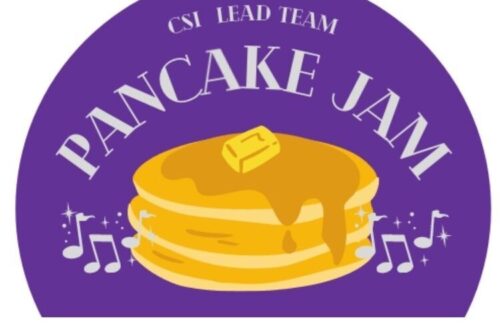 Purple graphic with a stack of pancakes. Text reads "ASC Lead Team Pancake Jam"