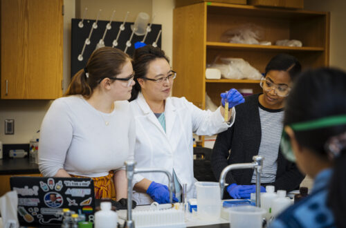 Professor and two students in lab apparel consider a beaker.