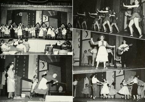 A collage of black and white photos depicting students dancing and in costume