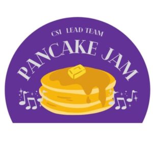 Purple graphic with a stack of pancakes. Text reads "ASC Lead Team Pancake Jam"