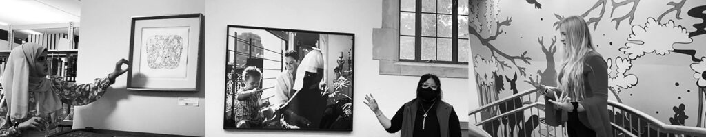 Three images of students speaking in front of art pieces.