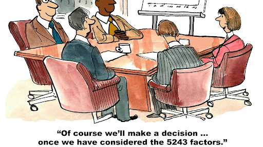 Carton of figures sitting around a table with text that reads "Of course we'll make a decision...once we have considered the 5243 factors."